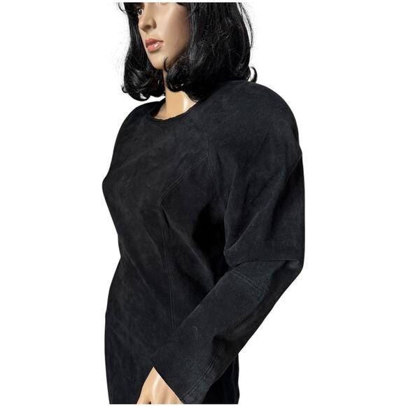 Vintage 80's Cedars Black Suede Batwing Sleeve round neck Midi Dress small - Picture 4 of 16